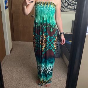 Sleeveless blue-green printed smock top maxi dress